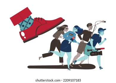 Prohibition of Independent Media with Big Red Foot Stepping Escaping Man and Woman Reporters Vector Illustration