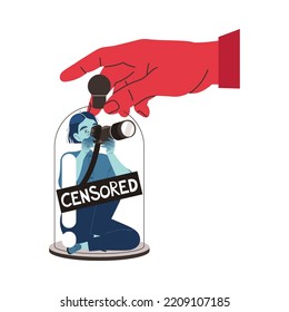 Prohibition of Independent Media with Man Reporter with Camera Under Glass Cover and Red Hand Vector Illustration