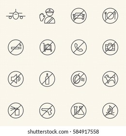 Prohibition and items not allowed icons at airport. Line icons.