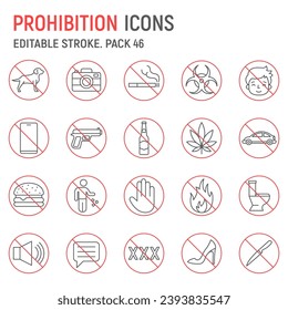 Conjunto de iconos de línea de prohibición, colección de advertencias, gráficos vectoriales, ilustraciones de logotipo, iconos vectoriales prohibidos, signos de prohibición, pictogramas de contorno, trazo editable