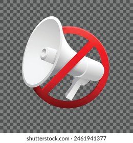 Prohibición del anuncio de altavoces representado por un icono de megáfono no. Hacer la señal de prohibición de ruido sobre fondo transparente. Ilustración vectorial. Diseño de iconos.