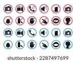Prohibition mark icon set. Pictograms of manners and rules. Cameras, cell phones, etc. 