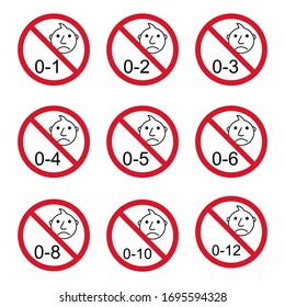 Prohibition no baby for set 0-1 etc sign. Not suitable for children under 1,2.. years vector icon