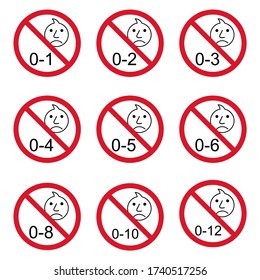 Prohibition no baby for set 0-1 etc sign. Not suitable for children under 1,2.. years vector icon