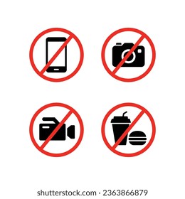 prohibición de cámara, ni teléfono móvil, ni grabación de video, ni icono de cartón de comida y bebida. estilo plano. Prohibido Detener el aviso de comida rápida. diseño de ilustración vectorial en fondo blanco. EPS 10