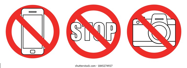 Prohibition No photo and phone vector sign. No phone, no camera. Red warning signs isolated on white background. Vector illustration.