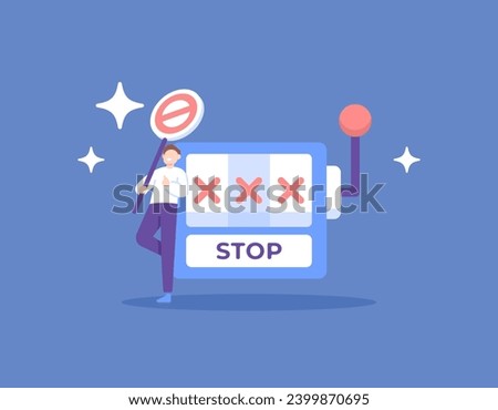 prohibition on gambling. stop gambling. forbidden sign. one stood next to a lottery machine and carried a prohibition sign. flat or cartoon style illustration concept design. graphic elements. vector