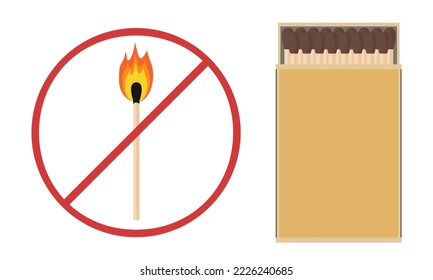 Prohibition on the use of open fire. A match with a flame behind the forbidding sign. Fire prevention. Flat style. Vector illustration