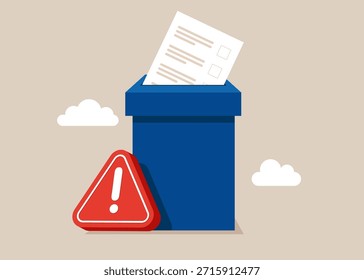Prohibición de votar. Caja de elección con signo de exclamación y atención. Incautación de papeletas de papel a la urna electoral. Soborno de votantes, concepto de dictadura. Ilustración vectorial plana