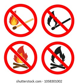 Prohibition open flame symbol. Red icon on white background. No Fire sign.Fire flame icons. Heat symbols. Inflammable signs. Flat icon pointers.