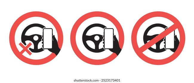 Prohibition of Phone Use While Driving: Ensuring Car Safety with No Smartphone Sign - Vector Icon and Flat Design Illustration