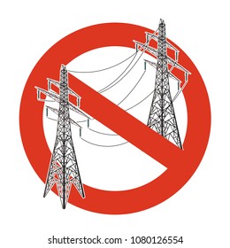 Prohibition of power lines. Strict ban on construction of electric pylons. Stop electricity caution. Vector high voltage pylon warning, white background, isometric. Voltage pole forewarn, isolated.