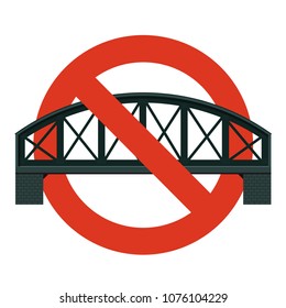 Prohibition of railway bridge. Strict ban on construction bridges, forbid. Stop transportation caution. Prohibition of bridge crossing. Vector rail line warning, isolated, white background.