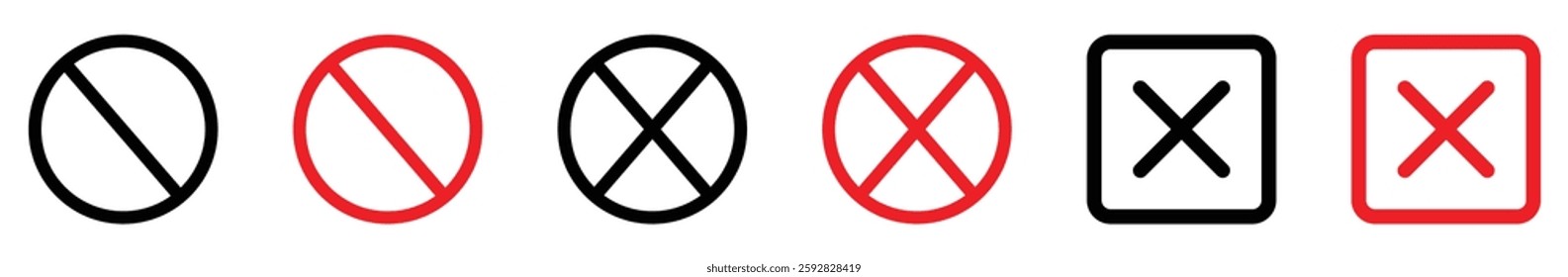 Prohibition and rejection symbols set, red and black forbidden and cancel icons, no entry and denial signs, vector isolated illustration. Restriction sign. Red restriction icon flat vector design. 