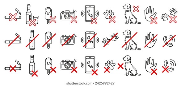 Señal de la tienda de prohibición, ningún animal del perro permitido, fumar, entrada prohibida de la mascota, comida o bebida, no utilice el teléfono móvil para la llamada, conjunto de iconos de la línea de la cámara de fotos. Cigarrillo, alcohol, toque con la banda de mano. Vector