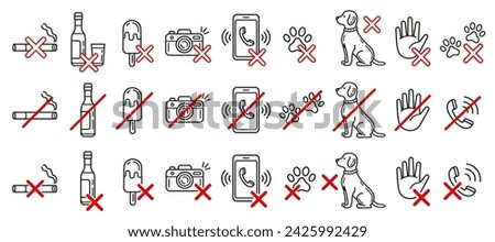 Prohibition shop sign, no dog animal allowed, smoking, forbidden pet entry, food or drink, do not use mobile phone for call, photo camera line icon set. Cigarette, alcohol, touch with hand ban. Vector