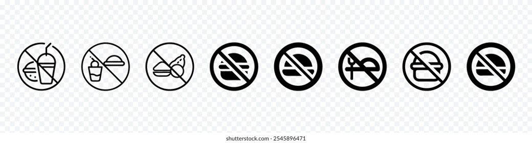 Prohibition sign. Black forbidden symbol in red round shape, No food allowed symbol, No eat and drink vector icon, do not bring food and drink inside