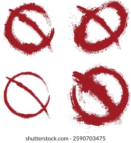Prohibition sign brush drawing, set of icons STOP in spray style, splashes. Vector design red prohibition sign hand drawing