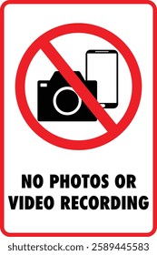 Prohibition sign with a camera and a smartphone inside a red circle with diagonal line, signaling taking photos or videos is not allowed, forbidden.