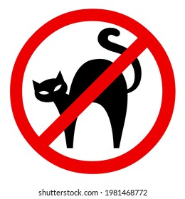Prohibition sign for cats and other pets. No pets ban sign. Black character and red sign. Cats are not allowed. Simple style isolated on white background. Vector illustration.