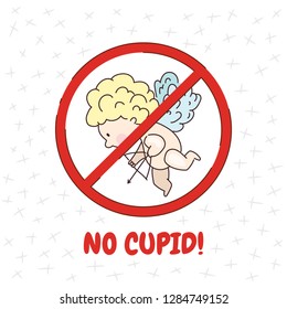 Prohibition sign with crossed cupid. No cupids! No Valentine's Day.