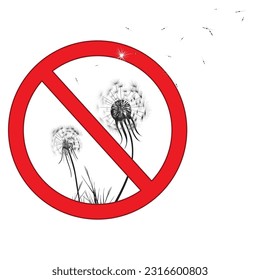 Prohibition sign of dandelion weeds, yard weeds, unwanted lawn plants. Symbol in the garden, lawn, gardening. Vector illustration