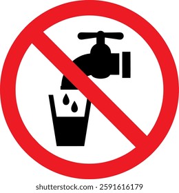prohibition sign, a faucet pouring water into a glass, indicating that the water is not safe for drinking, non potable water