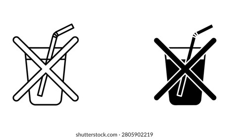 Prohibition sign featuring a beverage cup without a straw provided in outline and solid glyph styles for sustainability and environmental awareness design.
