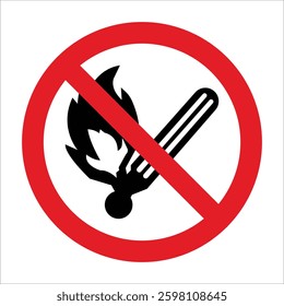Prohibition sign featuring a burning match crossed out with a red circle and slash, indicating no open flames allowed.