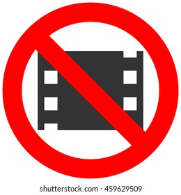 Prohibition sign with film frame abstract icon isolated on white background. Watching movie is forbidden vector illustration. Film not allowed image. Movies and films are banned.