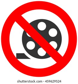 Prohibition sign with film frame abstract icon isolated on white background. Watching movie is forbidden vector illustration. Film not allowed image. Movies and films are banned.