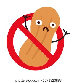 Prohibition sign. Funny character. Peanut. Vector illustration on white background.