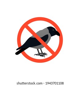 Prohibition sign with gray crow. Isolated on white background. Stock vector illustration.