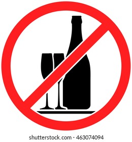 Prohibition sign icon no drinking alcohol with bottle and pair of wine glasses vector illustration