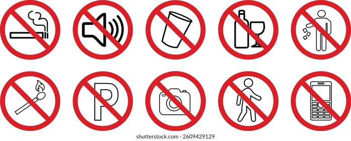 Prohibition sign icon set. Restrictions public sign vector isolated on transparent background. Universally indicating restriction or prohibited symbols. Vector illustration.
