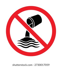 Cartel de prohibición que indica que no se vierten residuos en masas de agua con un símbolo de prohibición claro