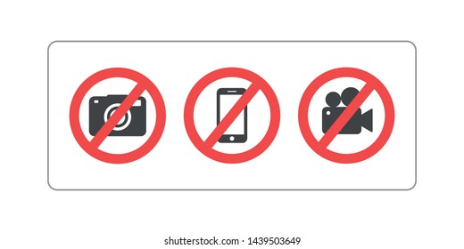 Prohibition sign no camera, no mobile phone and no video recording signboard vector illustration on white background.