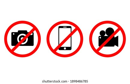 Prohibition Sign No Camera, No Mobile Phone And No Video Recording Signboard Vector Illustration On White Background.