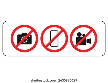 Prohibition sign no camera, no mobile phone and no video recording signboard illustration on white background stock illustration
