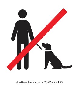 Prohibition sign no dogs allowed. Vector icon man with dog on leash isolated on white background. 