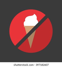 Prohibition sign of no food allowed with ice cream symbol. Cool flat design style. Unique.