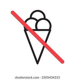 Prohibition sign No ice cream, outline icon isolated on white background. Vector graphics.