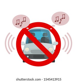 Prohibition Sign - No Loud Music In The Car. Car Engine Off, No Car Noise Or Sound. Vector Illustration Flat Design. Isolated On White Background. Banner, Placard Template.