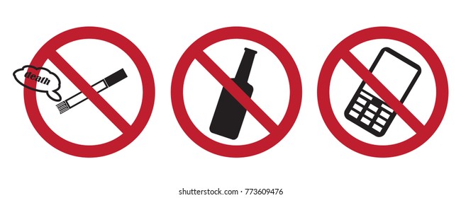 Prohibition sign or no sign vector isolated. Stop sign on a white background. No alcogol. Do not smoke. Do not call