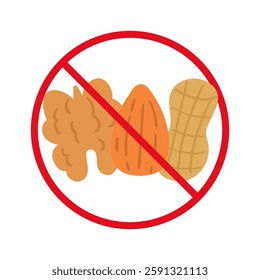Prohibition sign. Nut free. Isolated icon. Vector illustration. Allergen free concept.