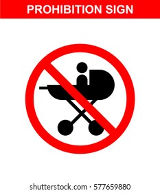 Prohibition sign on white background. No stroller. Vector icon.