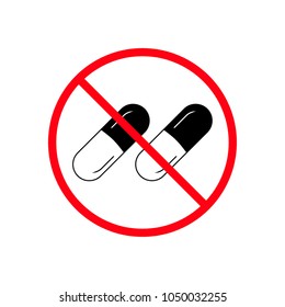 Prohibition sign over pill vector illustrations