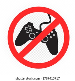 Prohibition sign to play computer game on white transparent background. Play console forbidden symbol. No games sticker template