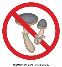 Prohibition sign with poisonous mushroom. Vector hand drawn gray amanita in the prohibition sign. Do not eat or pick mushrooms. Danger of being poisoned and grebe intoxication