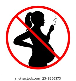 Prohibition sign Of Pregnant Woman Smoking Cigarette. Vector illustration